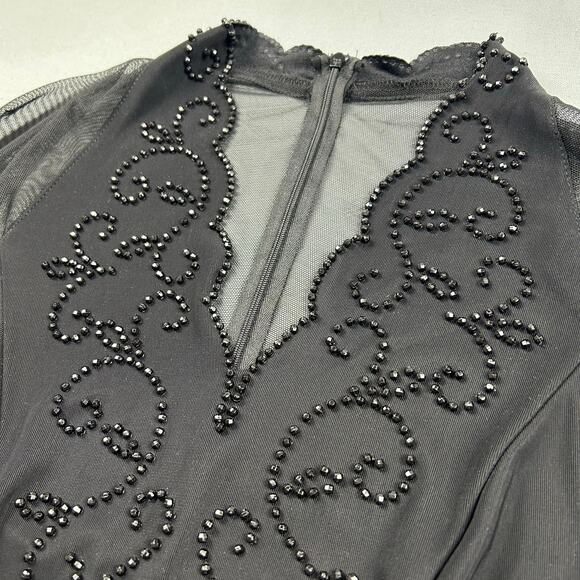 Vintage Beaded Blouse Black Sheer Long Sleeve Deep V-Neck Shirt Scallop Date - Picture 8 of 11